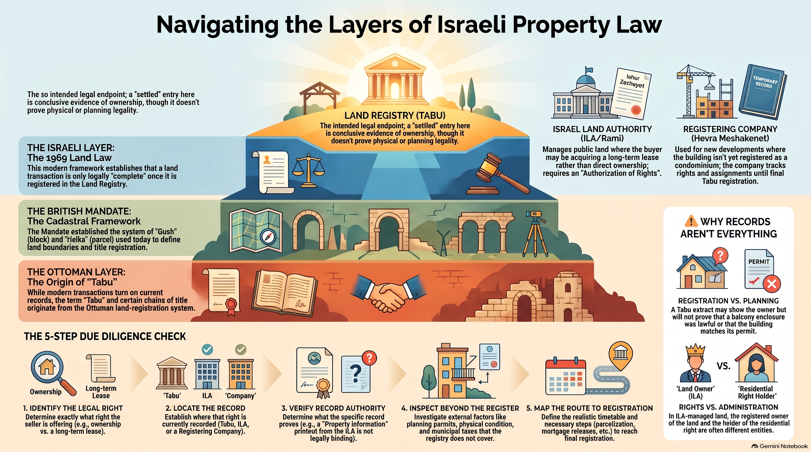 Infographic explaining the Ottoman, British Mandate and Israeli layers of Israeli property law; the Land Registry, Israel Land Authority and registering-company systems; and a five-step property due-diligence process.